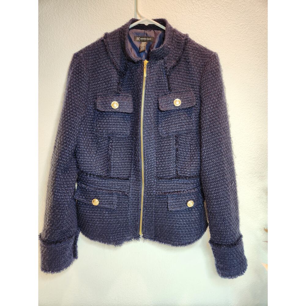 INC Tweed Gold Button Jacket Medium Navy Bouclé Blazer Wool‎ Blend PTP 21"